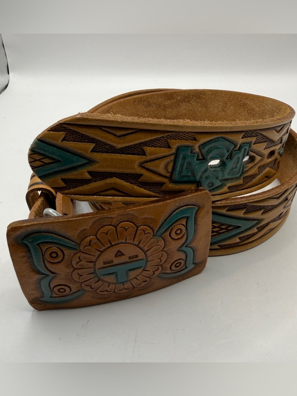 Vintage Leather Aztec Butterfly leather belt hand painted